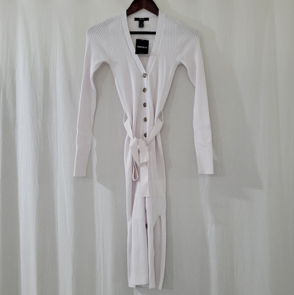 Forever 21 Dresses & Skirts - NWT Forever 21 White Ribbed Long Sleeve Button Front Long Dress W/ Side Slits
